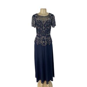 Vintage Pisarro Nights Navy Beaded Embellished Gown Short Sleeve Dress Sz 6